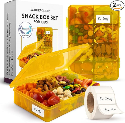 Snack Box Containers Set of 2-Reusable,100 Dissolvable Labels, 8 Adjustable Compartments, Dishwasher Safe, BPA-Free, Meal Prep Container, PARENT TESTED PARENT APPROVED AWARD (2 Pack) (Yellow)