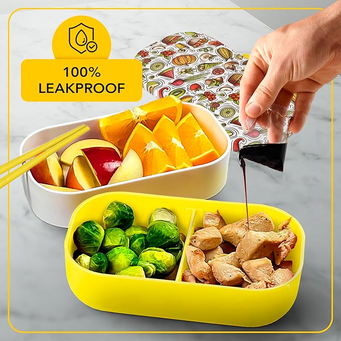 Insulated Stackable Bento Box for Adults with Reusable Chopsticks Japanese Lunch Box Microwavable & Leak Proof Lunch Containers for Men & Women Modern Cute Food Container with Compartments (Yellow)