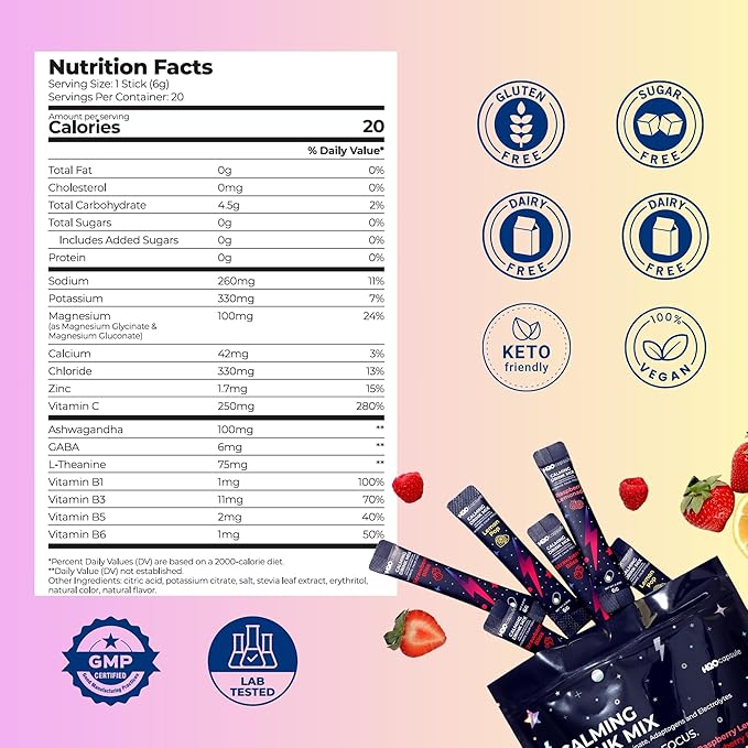 Calm Magnesium Glycinate Drink Mix with Electrolytes – Sugar Free Powder with Ashwagandha, L-Theanine, Vitamin B & GABA – Cortisol Support, Stress Relief, Hydration & Focus - 20 servings (Raspberry)