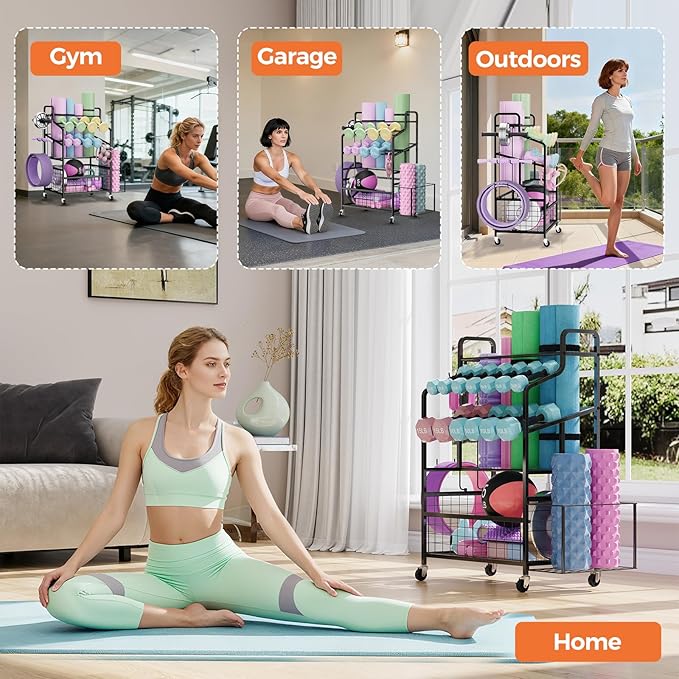 Weight Rack Storage for Home Gym, Adjustable Dumbbell Stand Organizer with Wheels and Hooks, Workout Equipment Organizer Holds Yoga mats, Kettlebells, and Fitness Accessories
