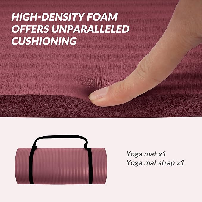 BalanceFrom 1-Inch Thick High-Density Exercise Yoga Mat, Non-Slip Workout Mat with Carry Strap for Men & Women, Ideal for Pilates, Stretching & Floor Exercises at Home or Gym, Multiple Color