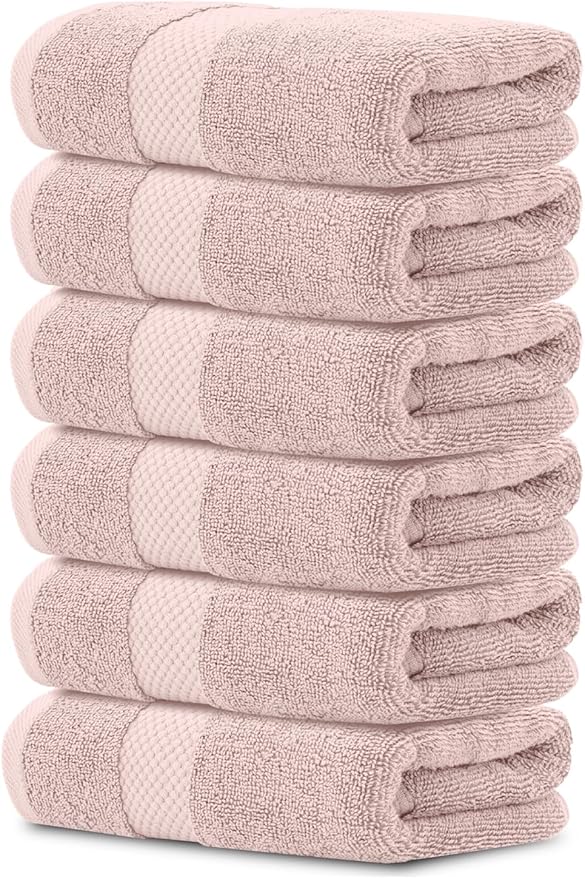 White Classic Luxury Hand Towels | Cotton Hotel spa Bathroom Towel | 16x30 | 6 Pack | Pink