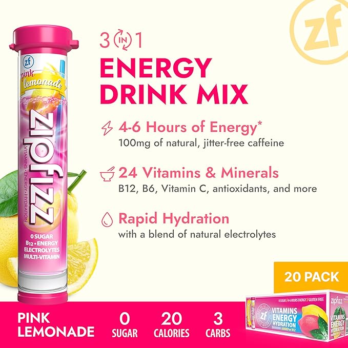 Zipfizz Daily Energy Drink Powder, Pink Lemonade, 12 Pack | 3-in-1 Sustained Energy, Rapid Hydration, and Essential Vitamins | Sugar-Free | Electrolyte Powder | Contains Vitamin B-12 & Antioxidants