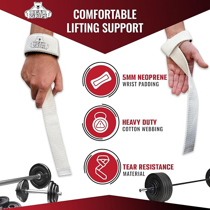 Bear Grips Lifting Straps - Gym & Weightlifting Straps for Men & Women, Deadlift Support, 2 Pairs