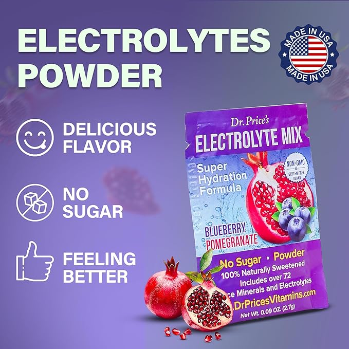 Dr. Price’s Electrolyte Mix | Sugar-Free Hydration Powder with 72+ Trace Minerals | No Sugar, Fast-Dissolving Electrolytes Powder Packets | Blueberry-Pomegranate (30 Packs)