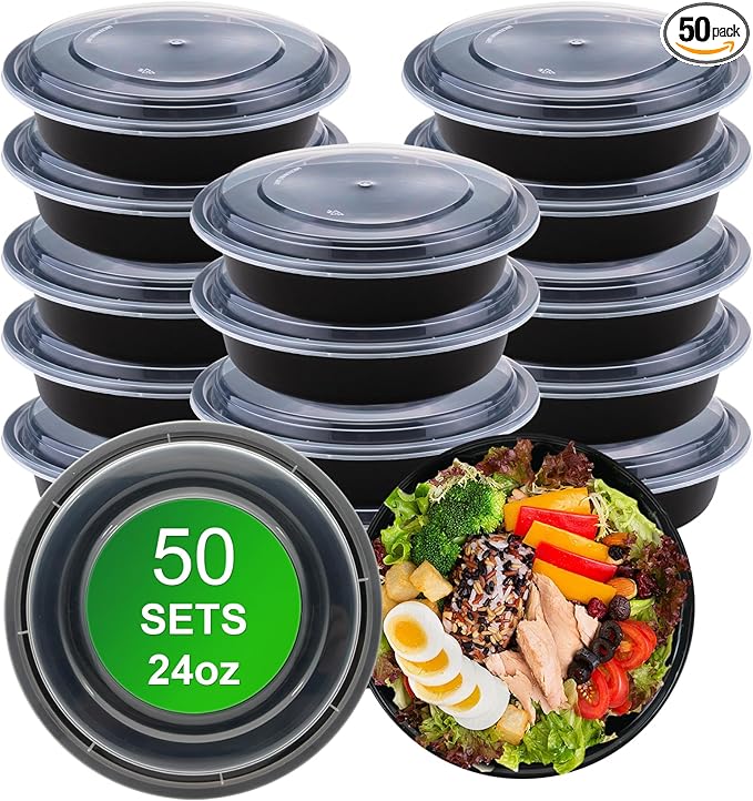 Round Meal Prep Containers with Lids, 50 Pack 24oz (100-Piece) Disposable Leakproof Take Out Food Storage Containers, Plastic To Go Lunch Boxes, BPA Free, Microwave/Dishwasher/Freezer Safe