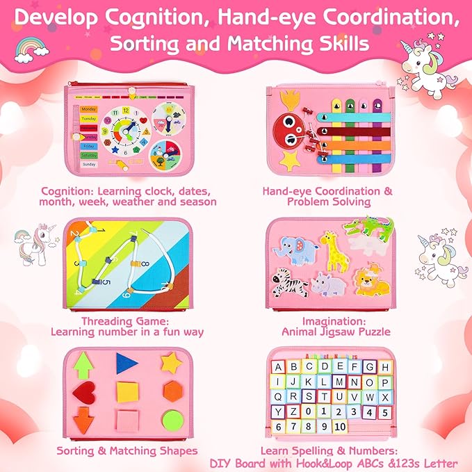 Esjay Toddler Busy Board Montessori Toys for Girls, Sensory Board Educational Activities for Learning Fine Motor Skills, Birthday Gifts for Girls Toddlers, Travel Toys for Airplane Car, Fairy Horse