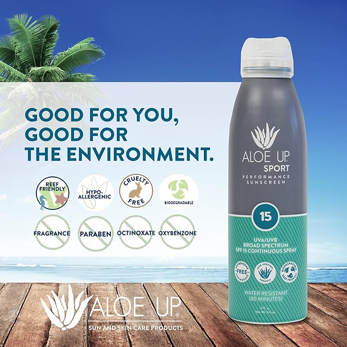 Aloe Up Sport Continuous Spray Sunscreen SPF 15 - Broad Spectrum UVA/UVB Sunscreen Protector for Face and Body - With Aloe Vera Gel - Fast Absorbing Sheer Formula - Reef Safe - Fragrance-Free - 6 Oz