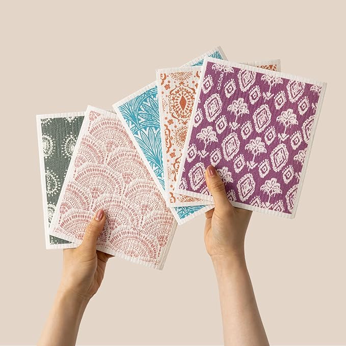 RECYCO Swedish Dishcloths for Kitchen | 5 Pack Gem Washable Dish Rags | Cellulose Reusable Cleaning Paper Towels | Absorbent Counter Dish Cloth Sponge Kitchen Wipes, 8" L x 7" W