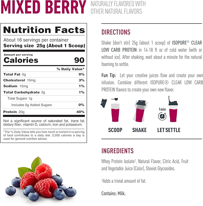 Isopure Clear Whey Isolate Protein Powder, Lactose Free, Gluten Free, Naturally Flavored, Mixed Berry, 20g Protein Per Serving, 14.1 Oz, 16 Servings (Packaging May Vary)