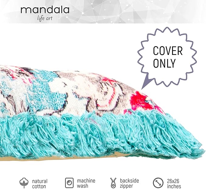 Mandala Life ART Square Meditation Cushion Cover with Fringes - 26 inches - Printed Vintage Blue Cotton Boho Chic Pillow Case