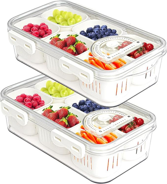 MineSign 2Pack Divided Food Serving Tray with Lids Stackable Snackle Box for Candy Nuts Spice Fruit&Veggie Container with 6 Small Dividers Plastic Storage Bins for Fridge Pantry Freezer