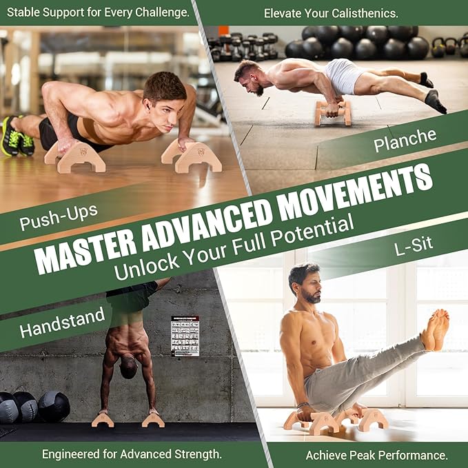 Wooden Push Up Bars, 2 PCS Solid Beech Wooden Parallettes with Embedded Non-slip Feet & Training Poster for Floor, Push Up Stands for Men Strength Training, Planks, Calisthenics & Home Gym Workout