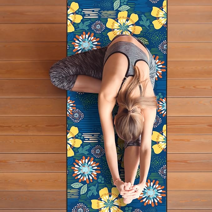 Colorful Star Yoga Towel with Corner Pockets, Non Slip Grip Dots Sweat Absorbent Hot Yoga Mat Towels, Yoga Blankets with Travel Bag, Mat Cover for Workout, Gym, Fitness - 70"x26", Blue Yellow Flowers