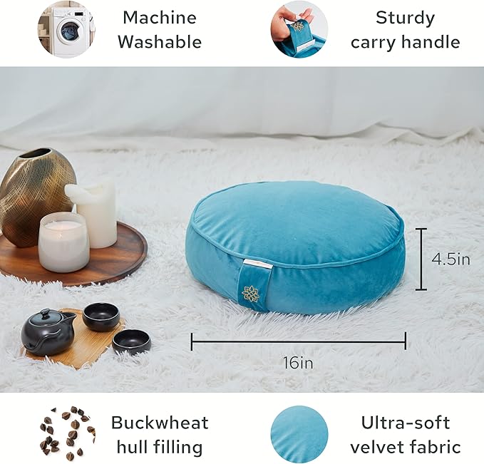 Mindful Modern Velvet Meditation Cushion | Luxe Zafu Yoga Floor Pillow Seat | Posture Support | Buckwheat Hull Filled | Large Round Cushion with Removable Washable Cover + Carry Handle