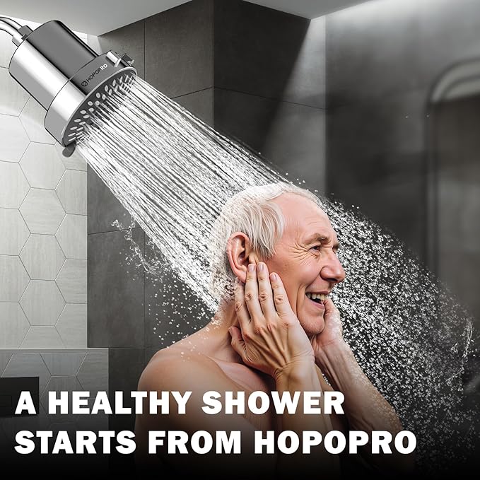Filtered Shower Head with 5 Modes, HOPOPRO High Pressure Showerhead with Filter, 2-In-1 Fixed Showerhead Filter for Hard Water, Remove 99% Chlorine, Improves Skin Hair Condition (4 Inch Silver)