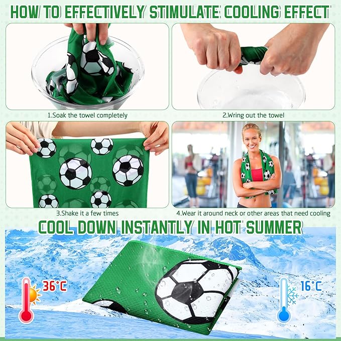 12 Pcs Soccer Water Bottle Soccer Cooling Towel Set with 50 Sticker Sports Party Favors Include 6 Reusable Sports Squeeze Water Bottle 6 Ice Towel Breathable Fast Drying for Team Gifts