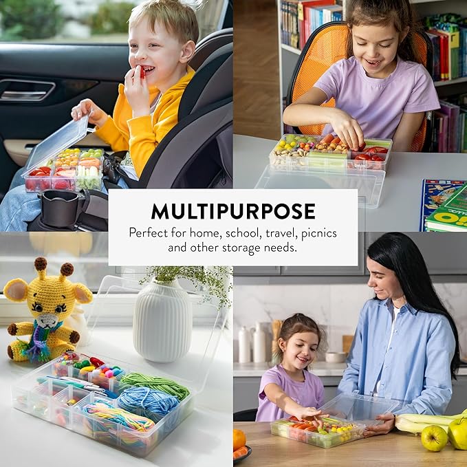 Large Kids Snack Box Containers Set of 2 -100 Labels, BPA-Free, Adjustable Compartments, Dishwasher Safe, Reusable Tray, Food Grade, Meal Prep Container, PARENT TESTED PARENT APPROVED AWARD (Clear)