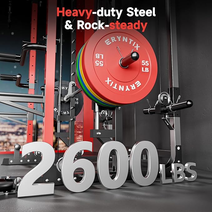 Smith Machine Power Rack, Eryntix All-in-One Power Cage with Cable Crossover, Squat Rack, LAT Pulldown & Pull-Up Bar, 2600LBS Capacity Home Gym Equipment with 18 Attachments for Strength Training