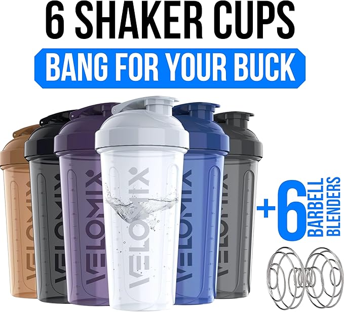 -6 PACK- 28 oz Protein Shaker Bottle for Protein Mixes - 6x Wire Whisk | Leak Proof Shaker Cups for Protein Shakes | Protein Shaker Bottle Pack | Protein Shake Cup (Elemental Mix)