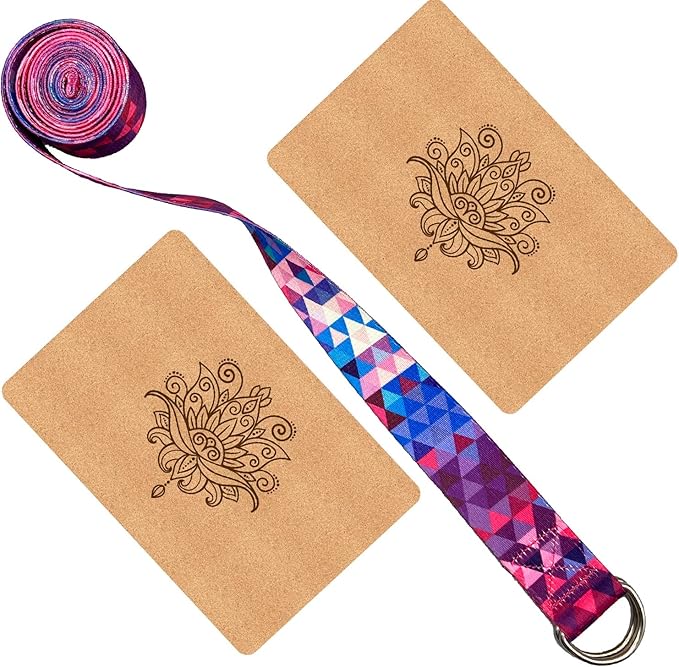 Aozora Cork Yoga Block Sustainable & Eco Friendly 2 Pack and Yoga Strap Set Made of The Finest Natural Cork for Better Support, Balance & Comfort