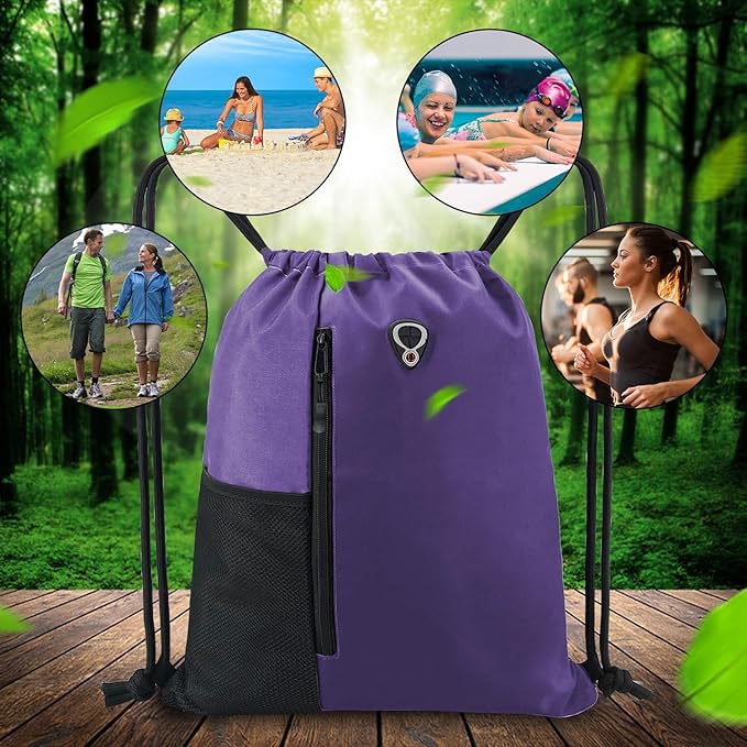 BeeGreen Dark Purple Drawstring Backpack Gym Bag For Men & Women – Sports Sackpack with Mesh Water Bottle Holder & 2 Zippered Pockets – Large 16x20 Inch Cinch String Backpack