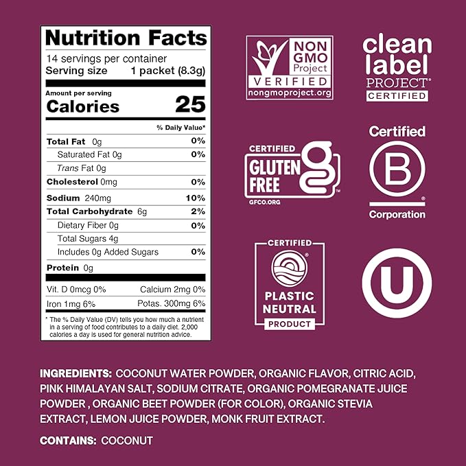 Cure Hydration | Plant-Based Electrolyte Drink Mix | No Added Sugar | FSA-HSA | Dehydration Relief Powder Made with Coconut Water | Non-GMO | Vegan | Pouch of 14 Packets - Berry Pomegranate