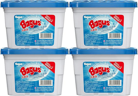 Bagus Moisture Absorbers Boxes (4 Pack) - 10.5 Oz Dehumidification Containers for Closet, Bathroom, Storage, Kitchen, Basement, Car, RV, Boat | Long-Lasting Humidity Control & Odor-Free Solution