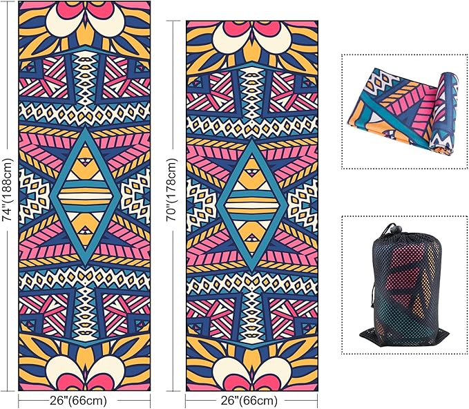 QiyI Yoga Mat Towel with Corner Pockets, Non Slip Sweat Absorbent Hot Yoga Towels, Soft Yoga Blankets with Travel Bag, Skidless Mat Cover for Workout, Gym, Fitness - 70"x26", Festival Mandala