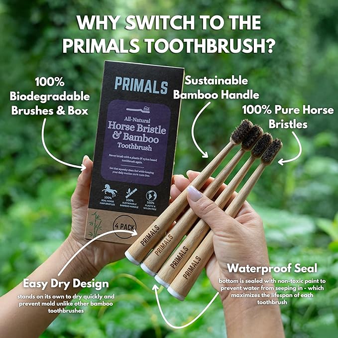 PRIMALS Horse Bristle & Bamboo Toothbrush (4-Pack) - Luxurious & Soft Horse Bristles - Fully Biodegradable - Plastic & Nylon Free - Quick Dry Design