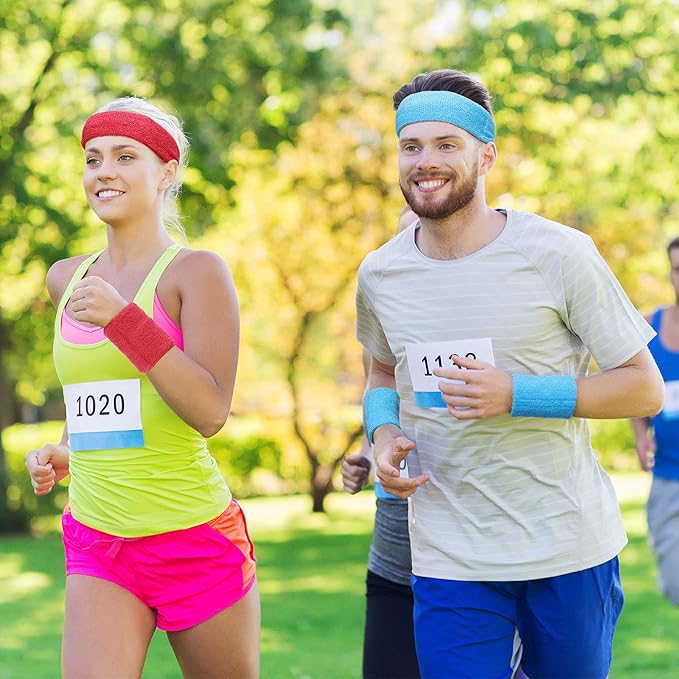 SATINIOR 8 Sets 80s Sweat Band and Wristband Sports Neon Headbands Exercise Sweatbands Gym Wristbands for Men Women Sports Activities(Fresh Color)