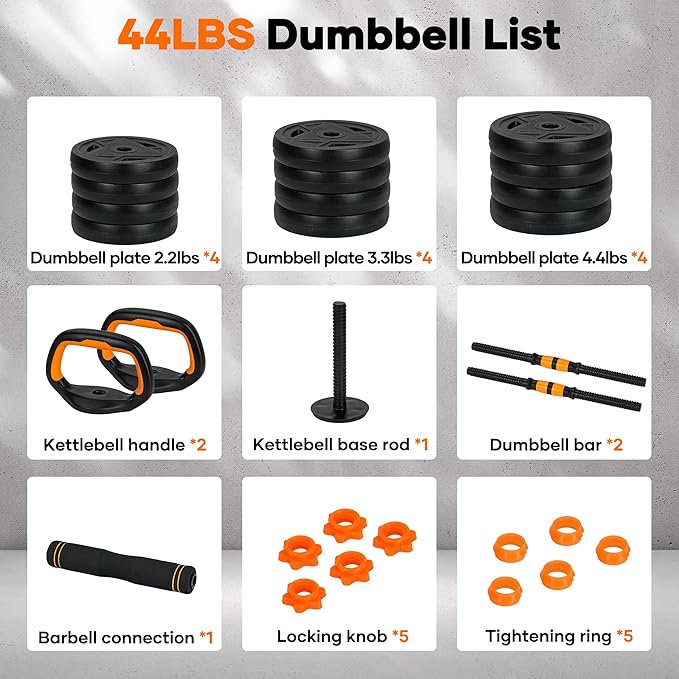 Adjustable Dumbbell Set, 44LBS Wights Set, 4-In-1 Dumbbell Set with Connector for Barbell, Kettlebell, Push-Up Stand, Home Gym Fitness Equipment for Strength Training