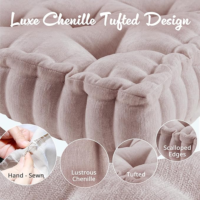 Intelligent Design Azza Floor Pillow, Large Cushions Sitting for Adults, Floor Pillow for Meditation or Yoga, Lustrous Chenille Tufted with Scalloped Edges for Bench/Chair Cushion, 20"x20"x5" Blush