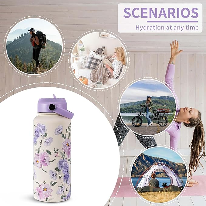 Goetland Flowers Water Bottle Beverage Bottle with Straw Lid 32 oz Stainless Steel Wide Mouth Vacuum Insulated Cute UV Printing Leak Proof For Women Girls Kids Mauve