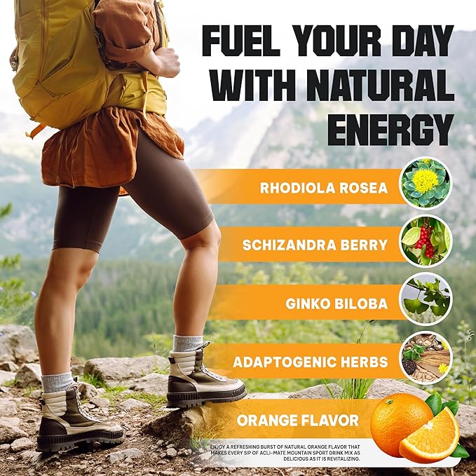 Acli-Mate Mountain Sport Drink Mix - High Altitude Acclimatization Electrolyte Powder - Energy Powder Mix - Recovery Hydration Drink for Running, Hiking, Cycling, Hunting, Skiing & More (1 Tub,Orange)