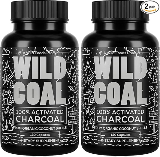 Wild Foods Activated Charcoal Capsules | 100% Organic Coconut Shells Active Tablets for Bloating Relief | Lab Tested & Non-GMO Detox Pills | USA (Two Bottles - 120 Capsules)
