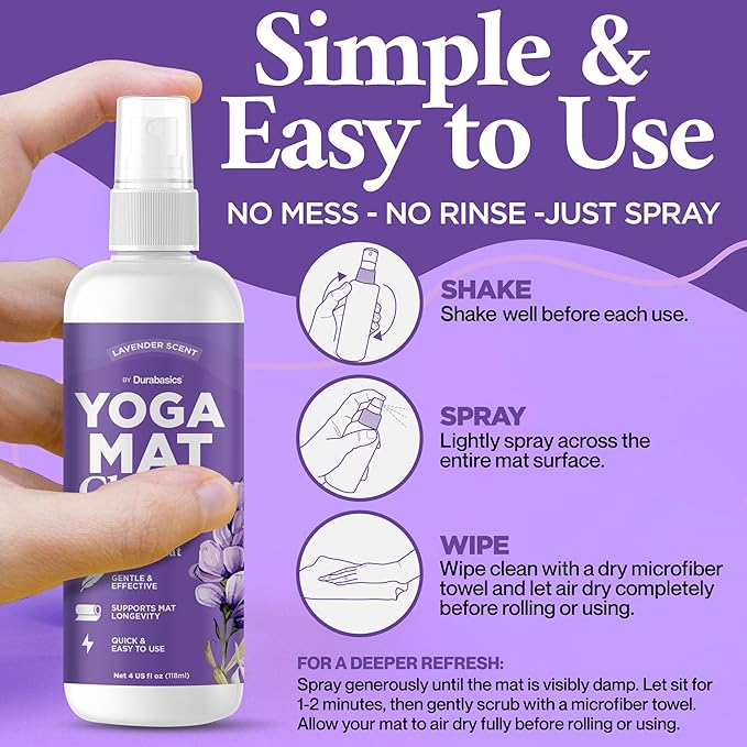 Durabasics Yoga Mat Cleaner Spray – Lavender Scent – 2 Pack (4 oz Each) with Microfiber Towel – Mat Spray Cleaner for Sweat & Odor – Quick-Dry, No Rinse Formula for Gear & Gym Equipment