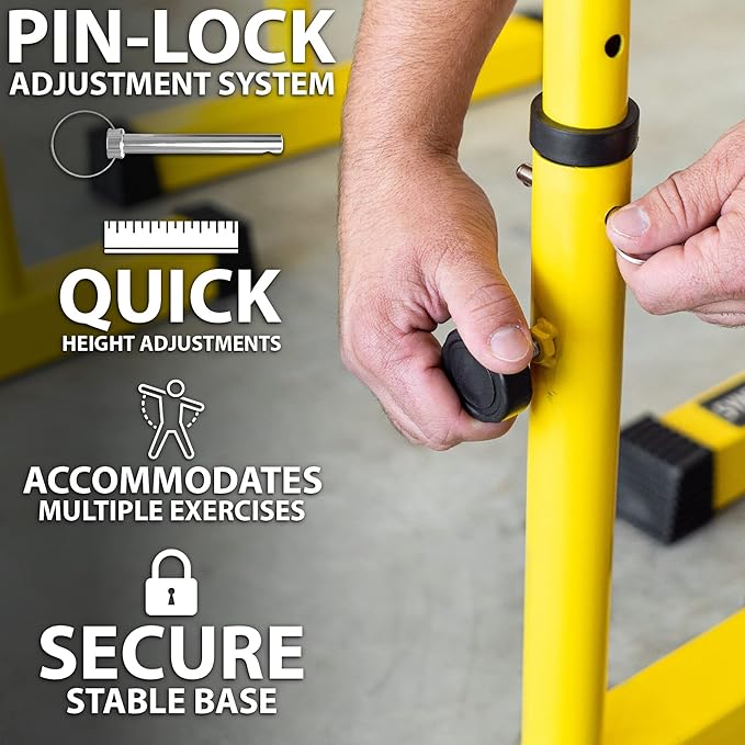 Synergee Dip Bar. Adjustable Dip Station from 30” – 39” for Dips, Inverted Pull Ups. Max capacity 400 lbs. Portable Dip Stand for Total Body Workout. Available in Yellow and Black.