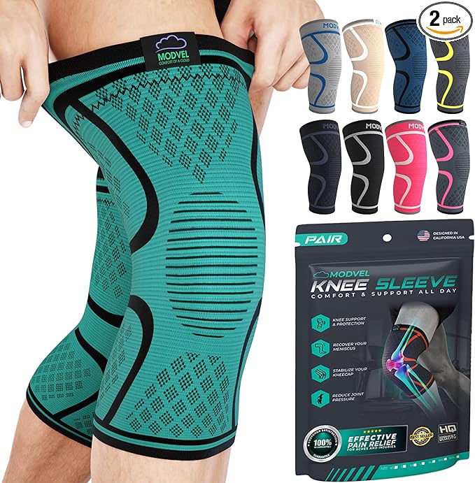 Modvel 2 Pack Knee Brace for Women & Men - Workout Knees Compression Sleeve for Knee Pain Relief Joint Support for ACL, Arthritis, Meniscus Tear Knees Brace for Sports, Rodilleras para Gym Fitness