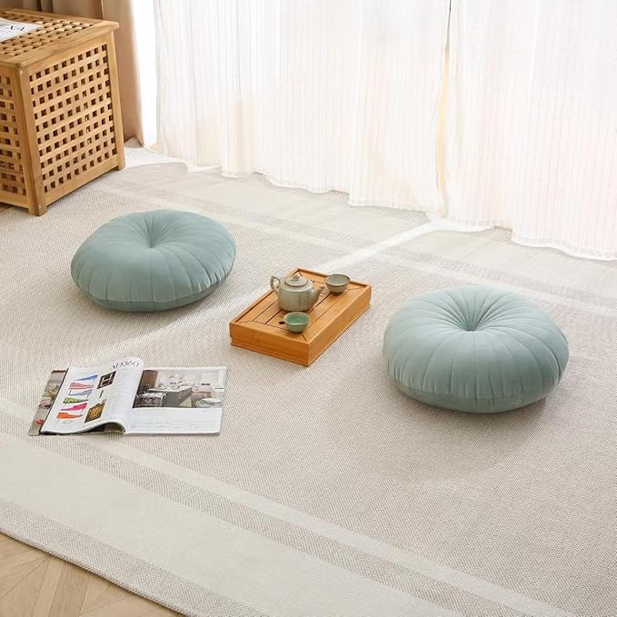 Floor Pillow Meditation Cushion Round Large Floor Pillows Seating for Adults, Velvet Thick Floor Cushions for Yoga Living Room Balcony Outdoor Tatami 18inch(Green)