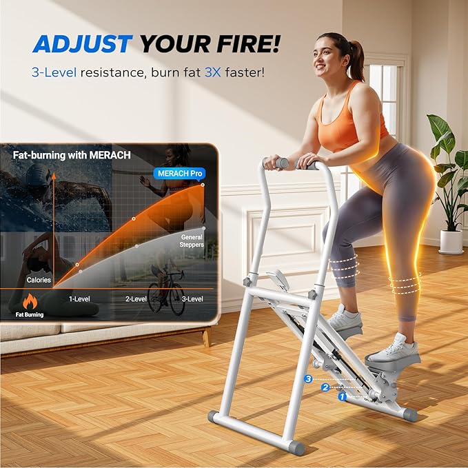 MERACH Stair Stepper for Home Gym Exercise, New Version Stairmaster for Full-Body Workout, Compact Folding Stair Climber with Extended Step Range, Adjustable Handlebar/Pedal
