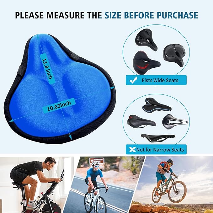Bike Seat Cover, HUIOK Wide Gel Exercise Bike Seat Cushion for Women Men Comfort, Fits Spin, Stationary and Cruiser Bikes, Indoor Outdoor Cycling, Water Dust Resistant Cover Included