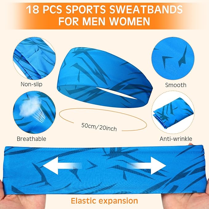 18 Pcs Sports Sweatbands for Men Women Camo Headbands Workout Non Slip Headbands Breathable Head Band Fitness Stretchy Unisex Hairband for Yoga Running Cycling Ball