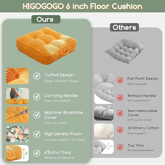 6" Washable Floor Pillow Cushion for Adults, Meditation Cushion Pillow, Large Square Floor Sitting, Removable Tufted Corduroy Cover, for Tatami Living Room or Yoga, 22x22 Inch, 2Pack, Machine Washable