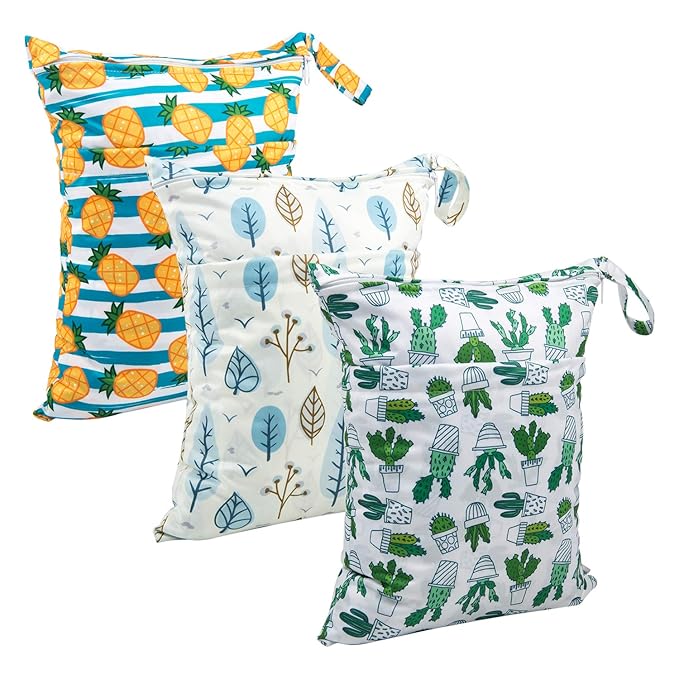 babygoal Wet Dry Bags for Baby Cloth Diapers, Washable Travel Bags, Beach, Pool, Gym Bag for Swimsuits & Wet Clothes with Two Zippered Pockets 3 Pack, 3LN05