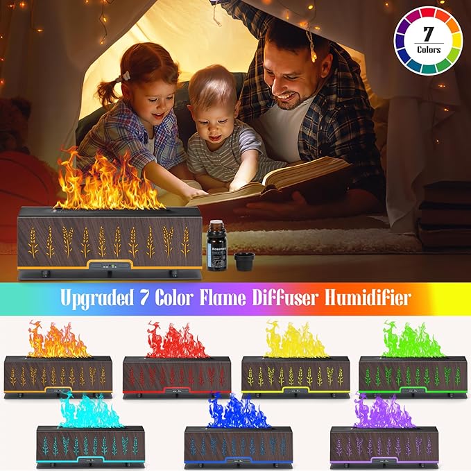 Colorful Essential Oil Diffuser, 7 Colors Flame Fire Diffuser, 200ML Ultra-Quiet Aromatherapy Diffuser with Remote Control, Timer Up, Auto-Off Protection for Home,Office,Bedroom (Deep Brown)