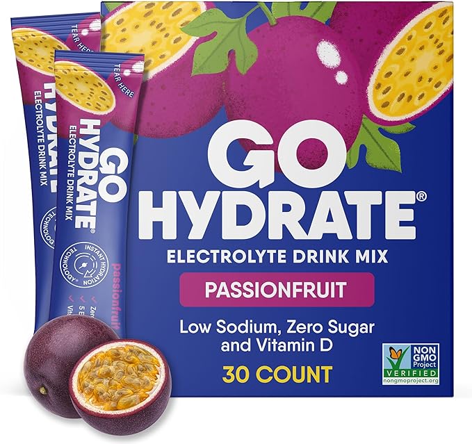 GoHydrate Instant Hydration Powder Packets - Low Sodium Electrolytes Drink Mix - Natural Hydration Support, Sugar Free Electrolyte Flavored Powder Drink with Vitamin D, 30 Packs, Passion Fruit