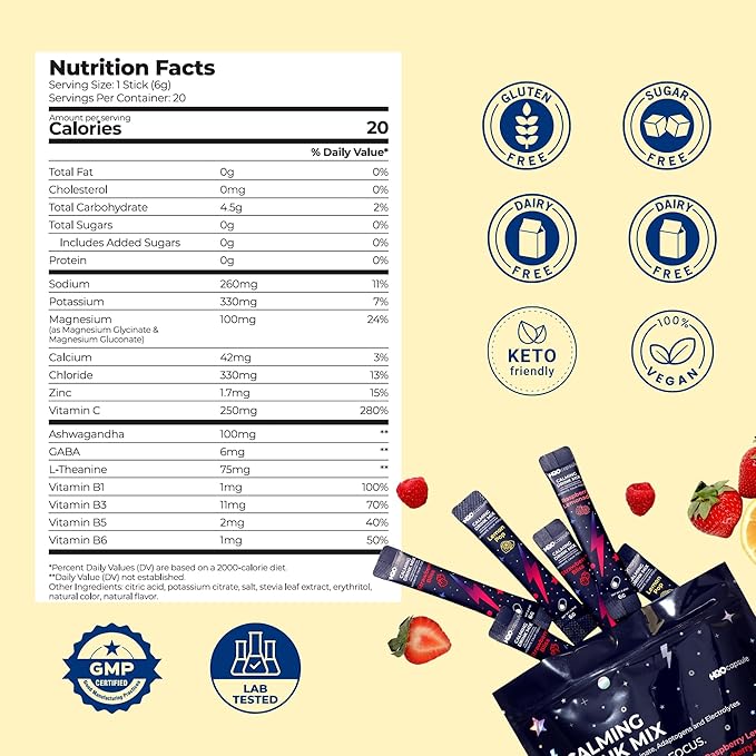 Calm Magnesium Glycinate Drink Mix with Electrolytes – Sugar Free Powder with Ashwagandha, L-Theanine, Vitamin B & GABA – Cortisol Support, Stress Relief, Hydration & Focus - 20 servings (Lemon)