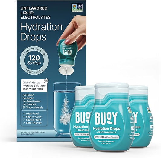 Buoy Electrolyte Drops | 120 Servings | No Sugar, No Sweeteners | Trace Minerals, Vitamins & Antioxidants | Unflavored, Subtle Mineral Taste | Daily Hydration Supplement (Unflavored - 3 Pack)