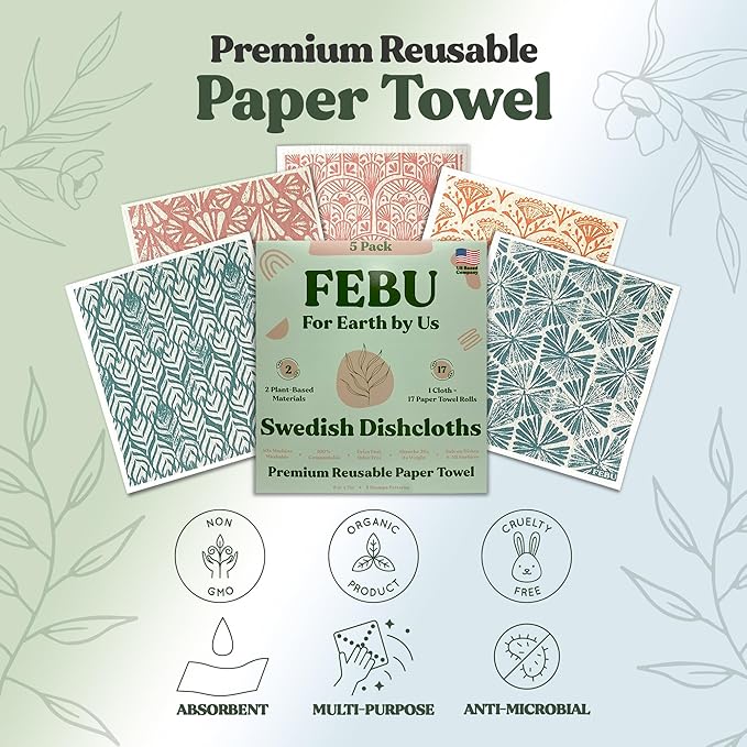 FEBU Swedish Dishcloths for Kitchen | 5 Pack Stamps Reusable Paper Towels Washable | Swedish Dish Towels | Non-Scratch Cellulose Sponge Cloths | No Odor, Biodegradable Cleaning Cloths